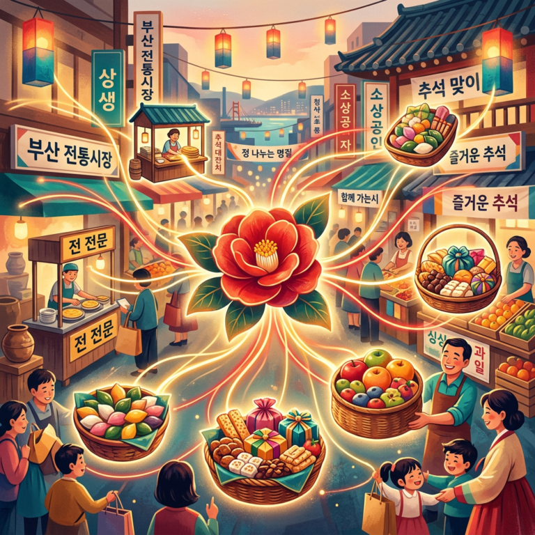 2026 추석 부산시 지역화폐 (지역사랑상품권) 할인율 및 구매 한도 : 구청별 가맹점 및 사용처 바로가기 9 Illustration of Busan traditional markets celebrating Chuseok with lanterns, foods, and families