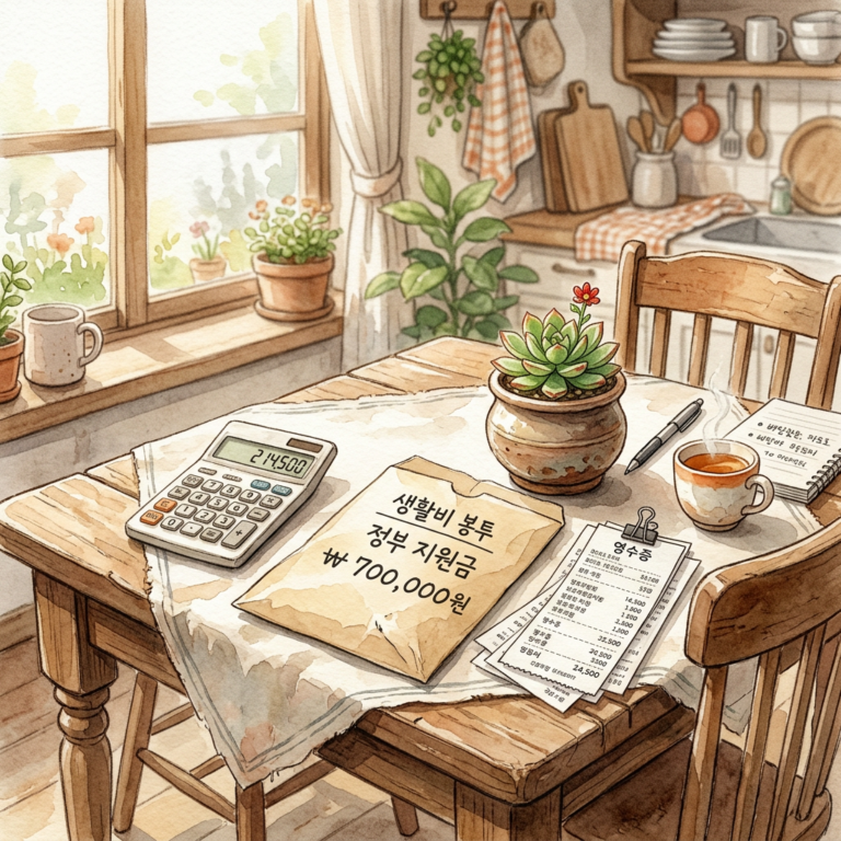 근로장려금 반기 신청 기간 놓치면 후회하는 이유와 정산 방법 총정리 14 Budget table with calculator, receipts, and Korean note reading 생활비 봉투 정부 지원금 ₩700,000원